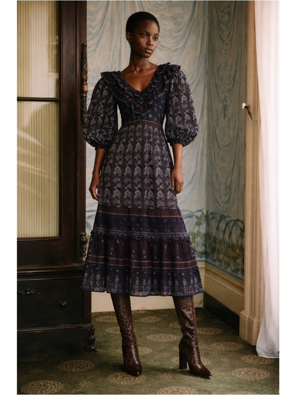 Sea New York | Nadine Border Cottage Core Smocked Puff Sleeve Ruffle Dress US 2